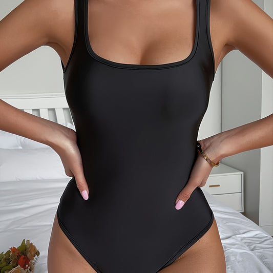 Solid Stretchy Skinny Sleeveless Square Neck Bodysuit