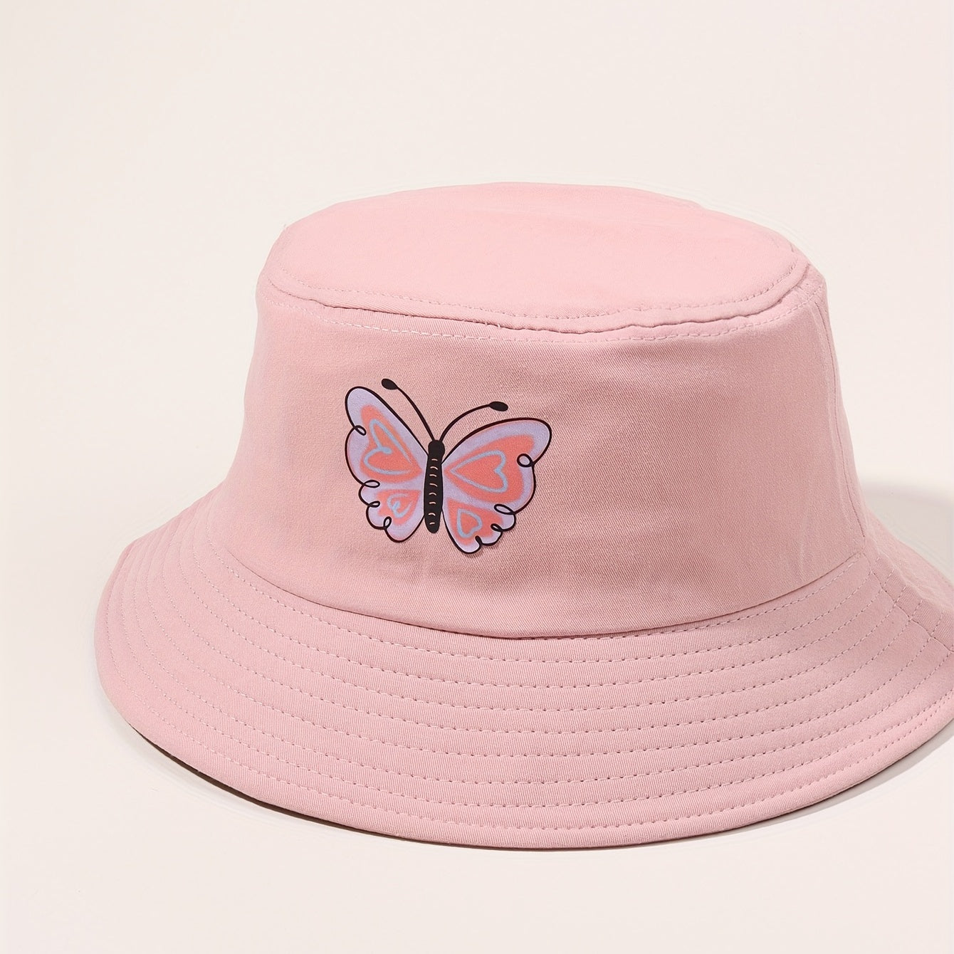 Pink Butterfly Print Bucket Hat Sunscreen Fisherman Cap for Women