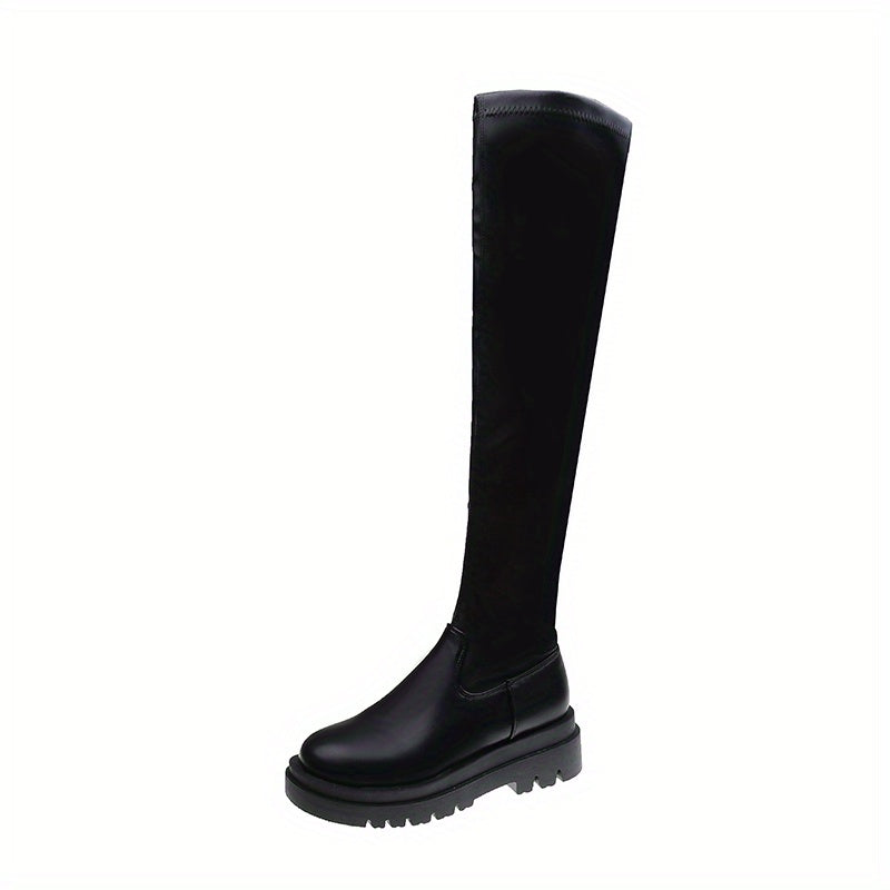 Women's Thigh High Boots Faux Leather Solid Side Zipper Platform Shoes