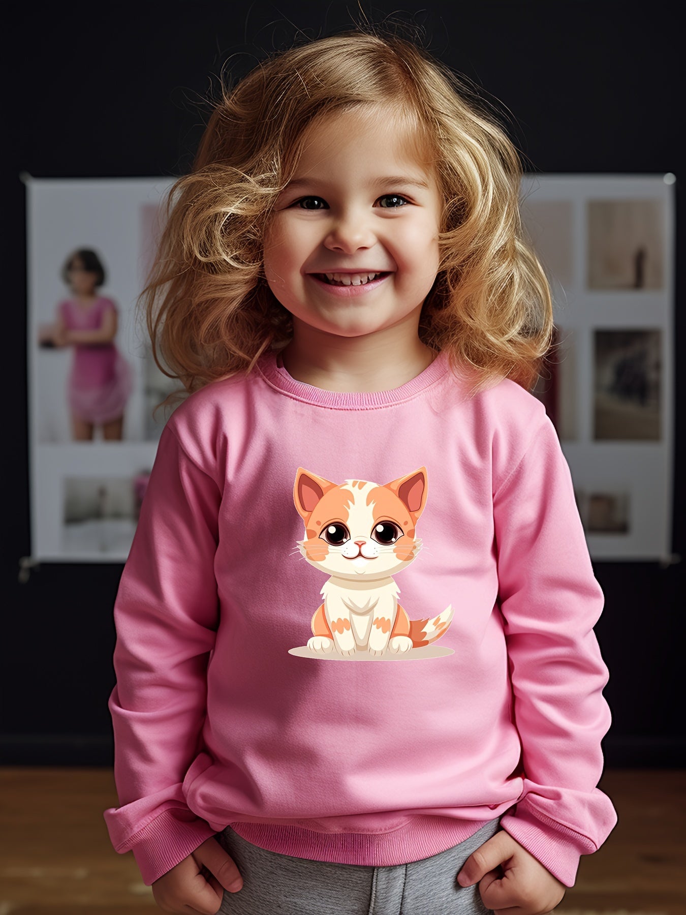 Cartoon Cat Print Girls Sweatshirt Long Sleeve Crew Neck Tops