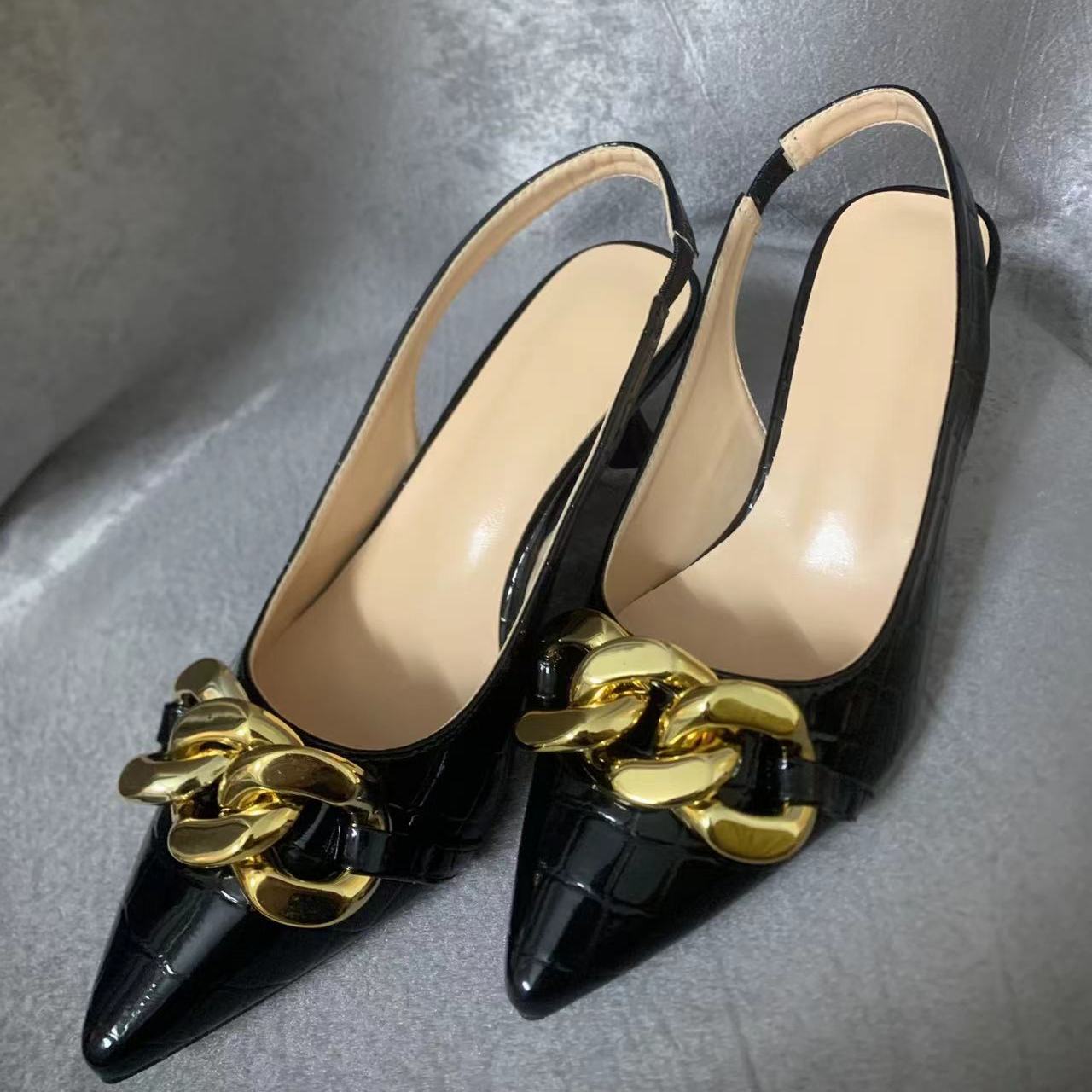 Metallic Chain Decor Mules Cone Heel Point Toe Ankle Buckle Slingback Shoes