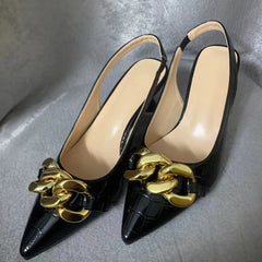 Metallic Chain Decor Mules Cone Heel Point Toe Ankle Buckle Slingback Shoes