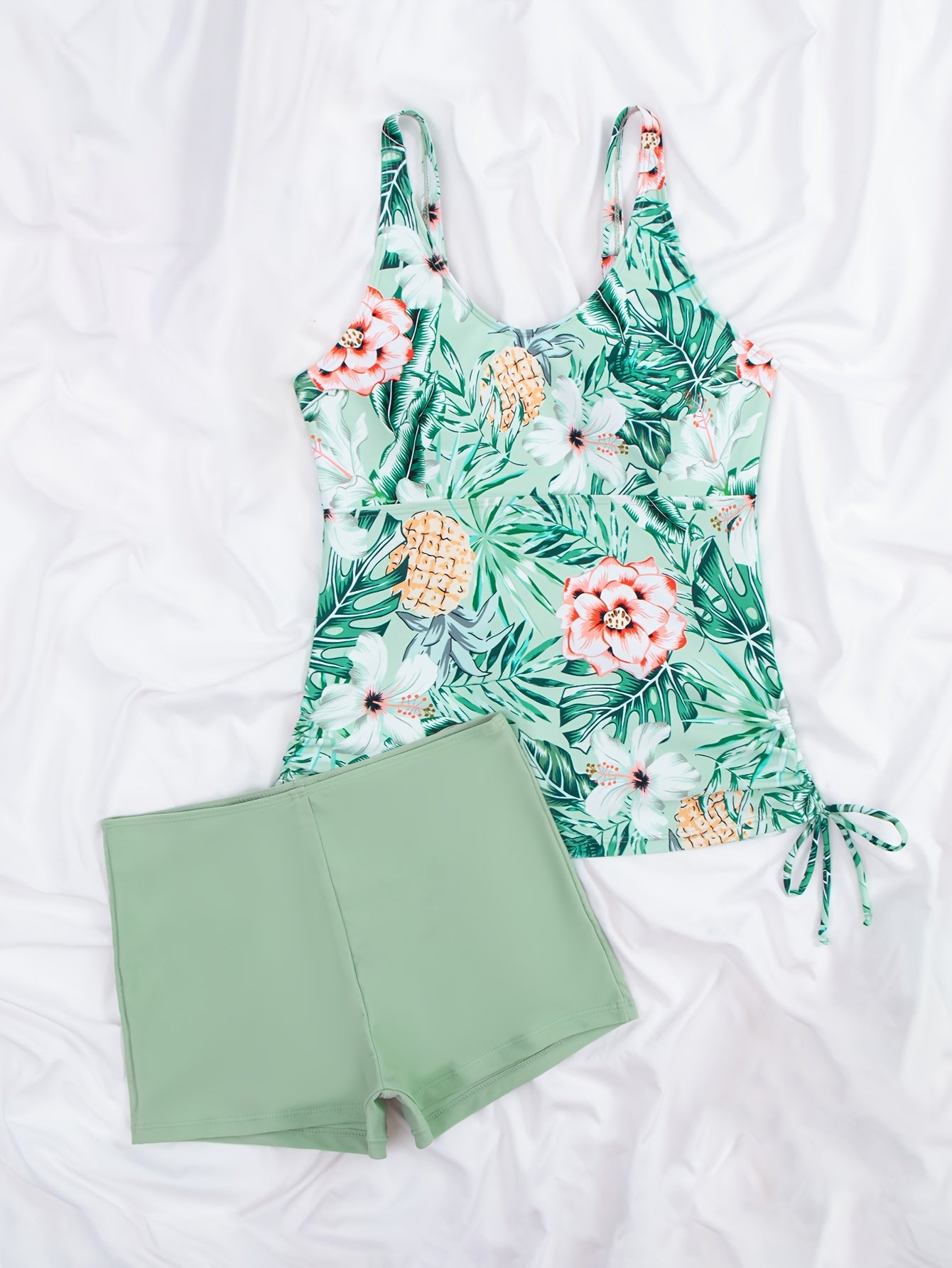 Tropical Leaf Print Tankini Set with High Waist Boxer Shorts