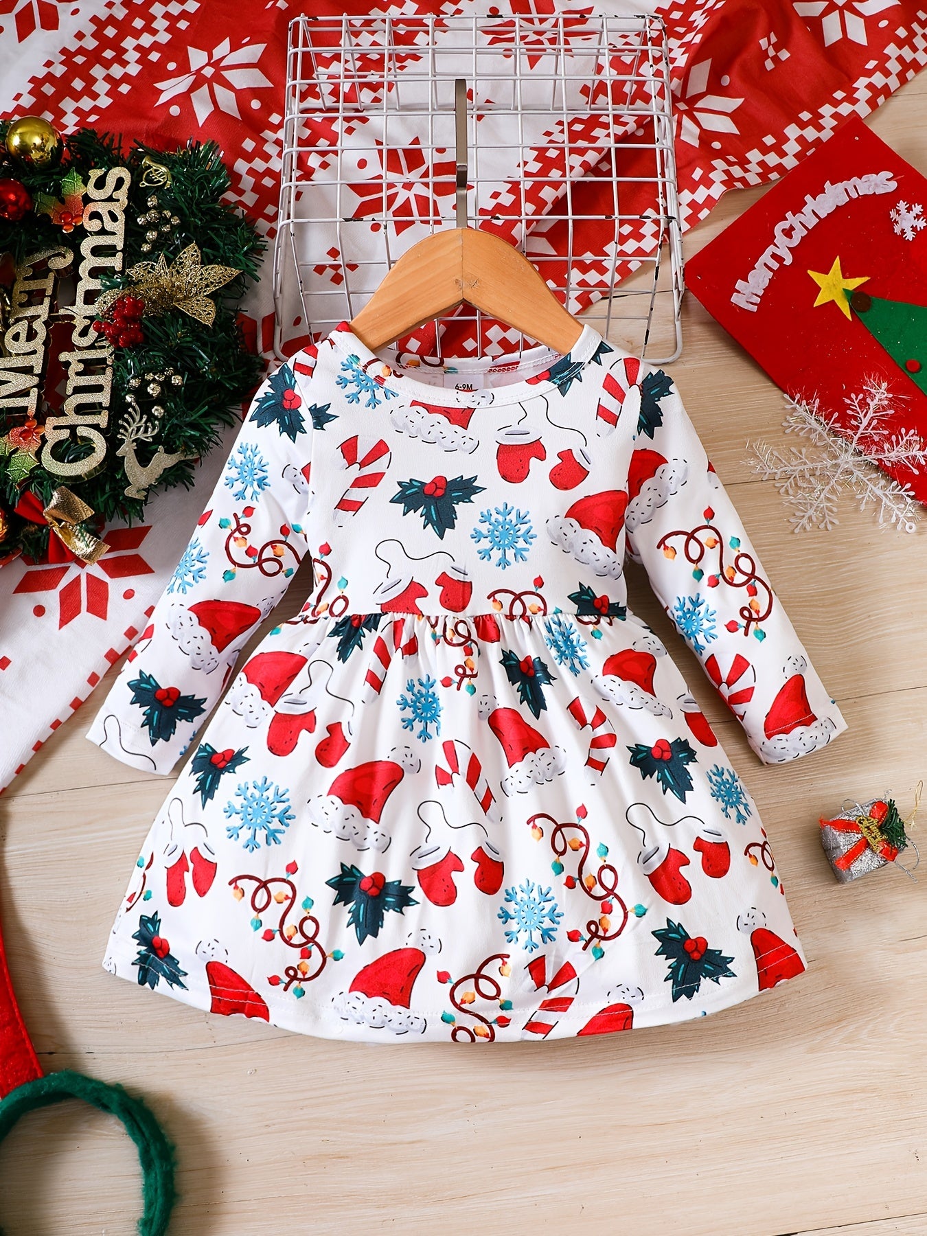 Toddler Girls Christmas Full Print Long Sleeve Dress
