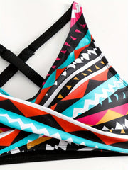 Geometric Print Twist 2 Piece Set Bikini Cross Back High Waist Swimsuit