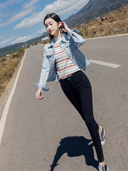 Long Sleeves Denim Jackets Mid Stretch Flap Pockets Single Breasted