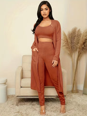 Ribbed Pajama Set Long Sleeve Robe & Cami Top & Pants