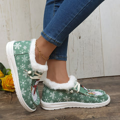 Women's Winter Snow Boots Snowmen Snowflakes Plus Plush Lace-up Flat Skateboa
