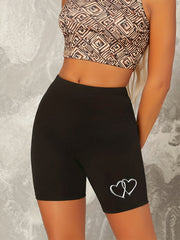 Hearts Print Shorts Slim High Waist Biker Shorts