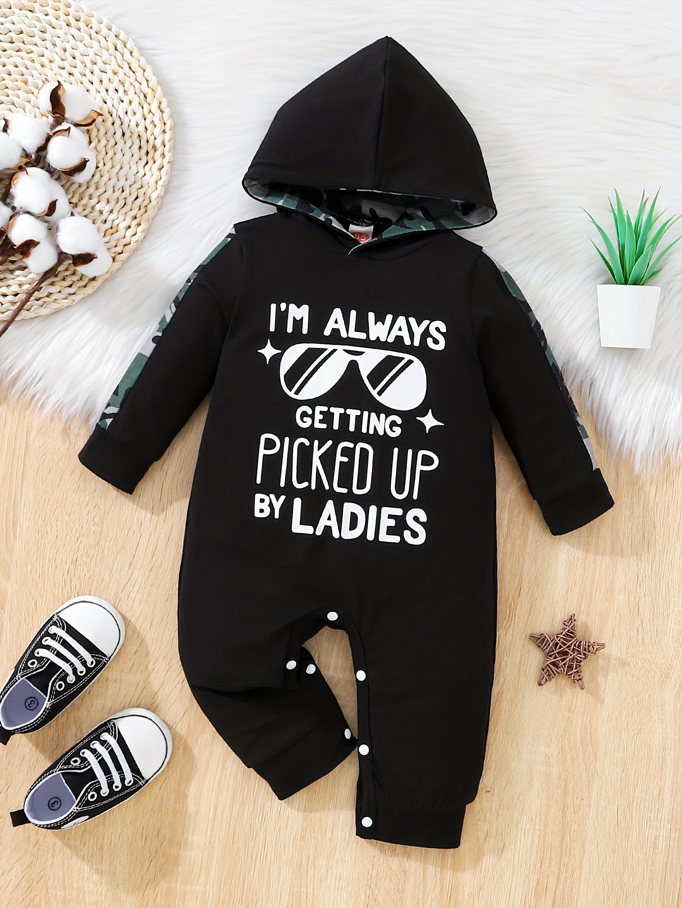 Newborn Infant Camouflage Hooded Romper I'M ALWAYS Letter Print Jumpsuit