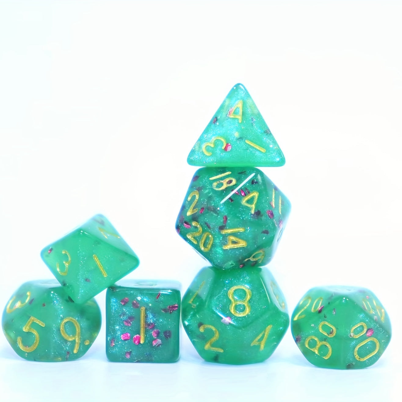 7pcs Mini Dice Game Set Green Glitter Polyhedral Role Play Game
