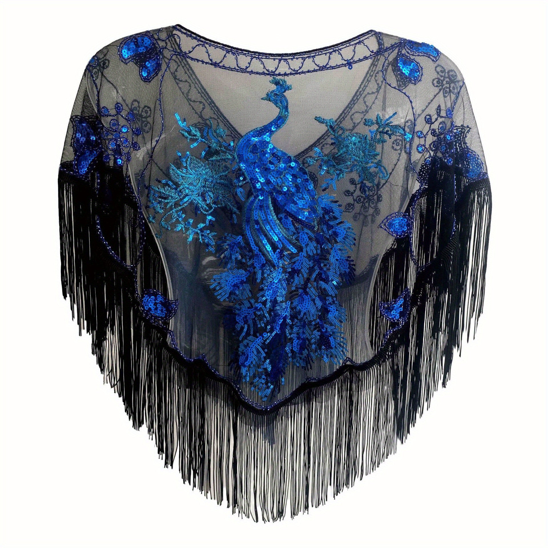 1920s Peacock Embroidery Tassel Shawl Sequin Beaded Wrap