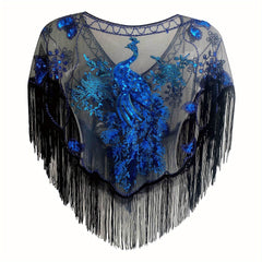 1920s Peacock Embroidery Tassel Shawl Sequin Beaded Wrap