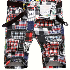 Plaid Pattern Ripped Denim Shorts Men's Street Style Slim Fit Distressed Shorts