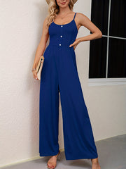 Casual Solid Button Spaghetti Jumpsuit Sleeveless Wide Leg Loose Waist Jumpsuit