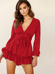 Airy Tie Front Ruffle Layered Romper Jumpsuit V Neck Long Sleeve Playsuit