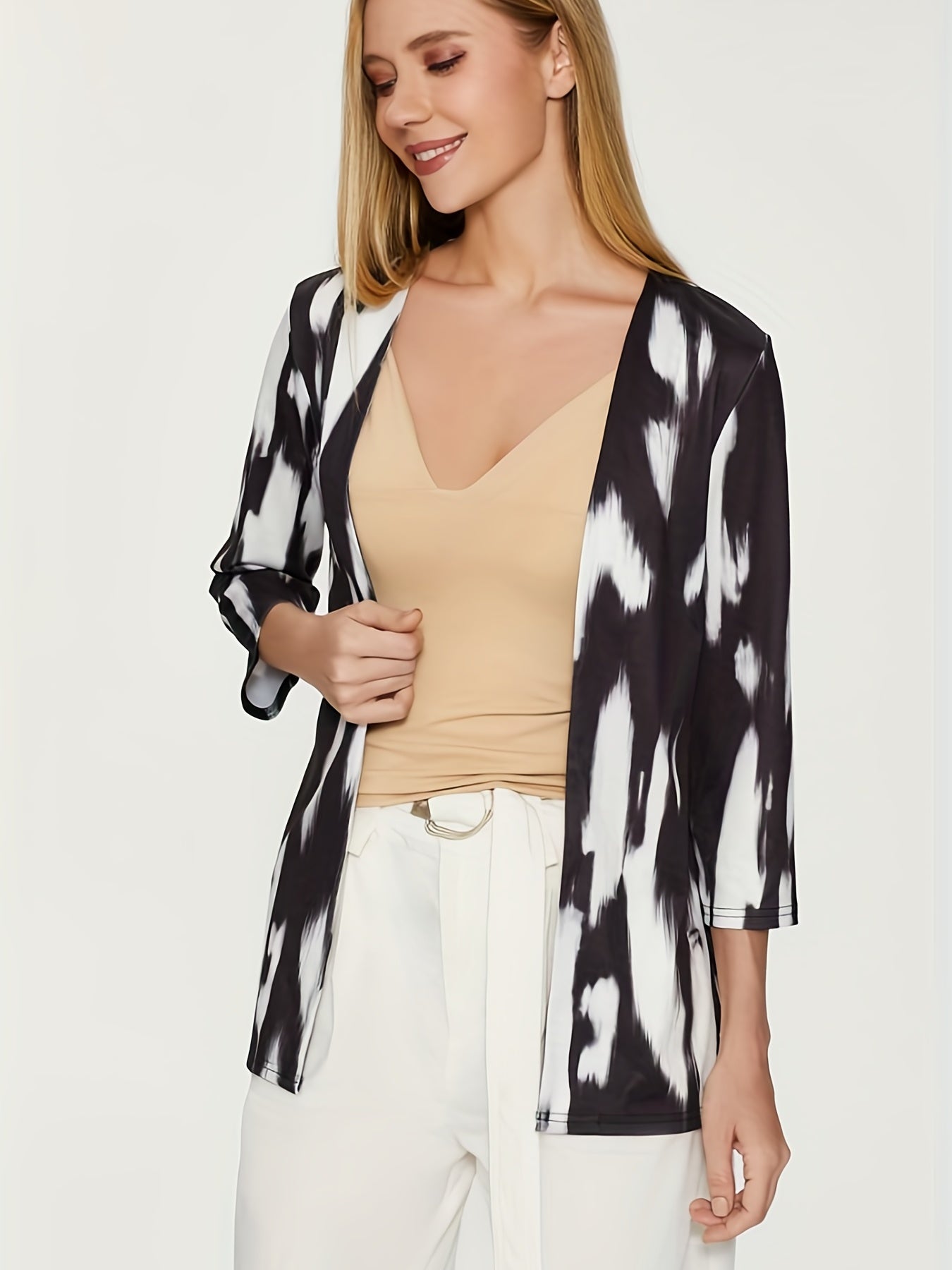 Tie Dye 3/4 Sleeve Cardigan Open Front Versatile Outerwear