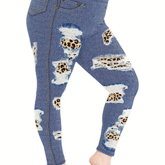 Denim & Leopard Print High Rise Fitness Leggings