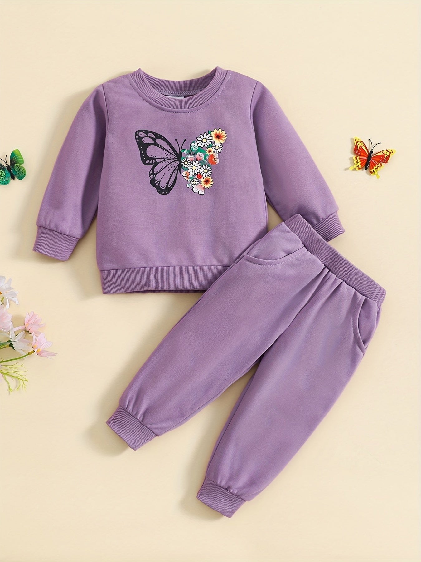 Baby Girl's Butterfly Print Sweatshirt Set