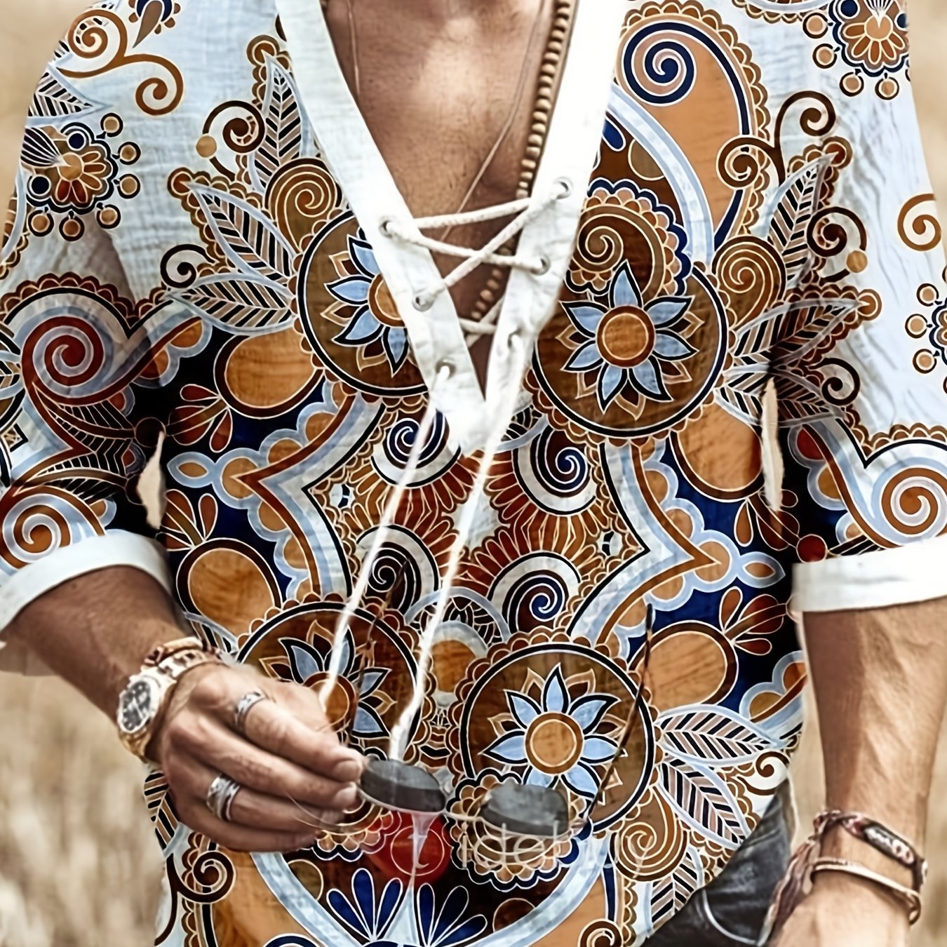 Men's Bohemian Pattern Shirt Top V Neck Lace Up Collar 3 4 Sleeves