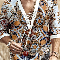 Men's Bohemian Pattern Shirt Top V Neck Lace Up Collar 3 4 Sleeves