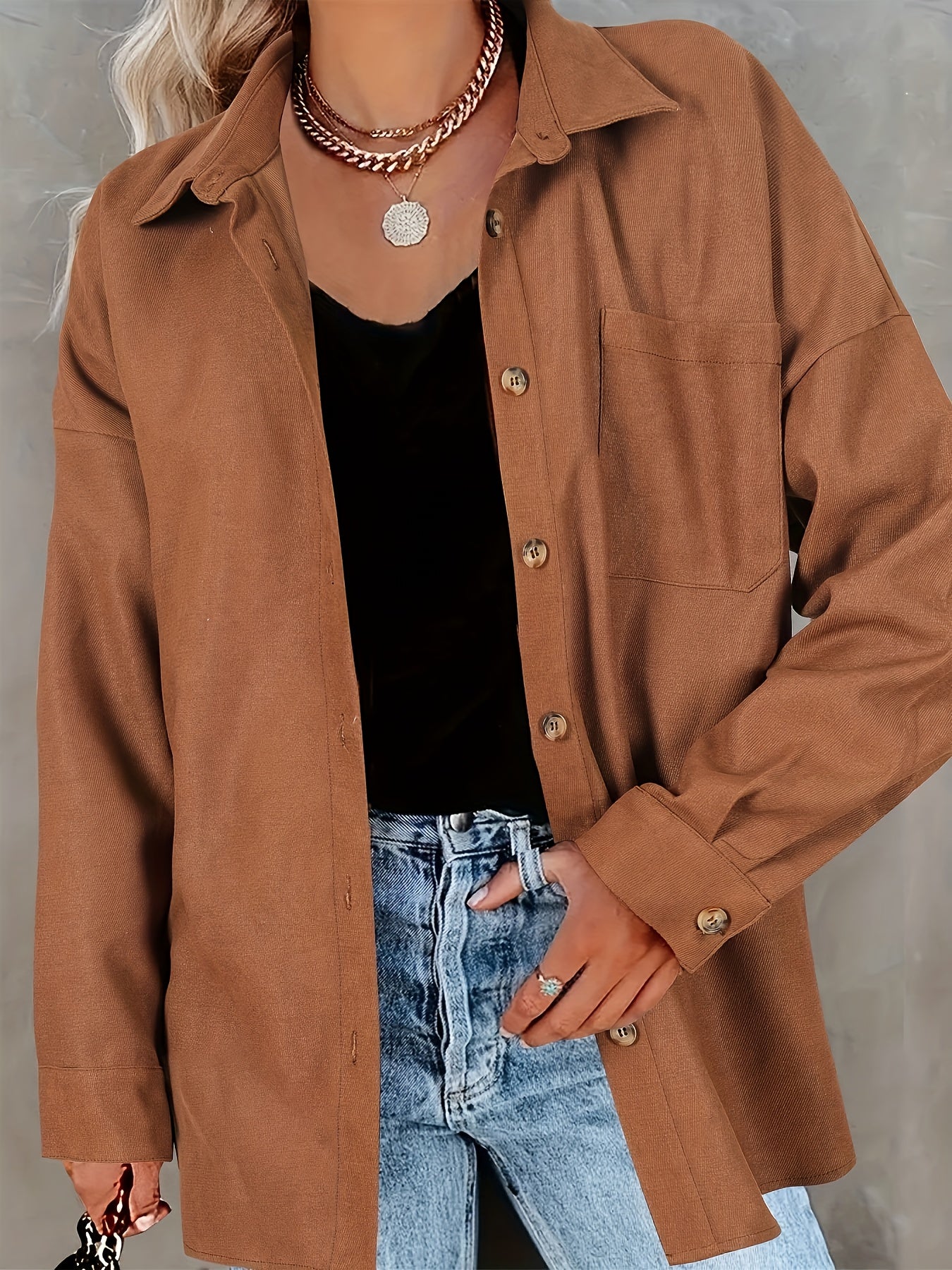 Solid Long Sleeve Button Up Collar Shirt Top With Pockets