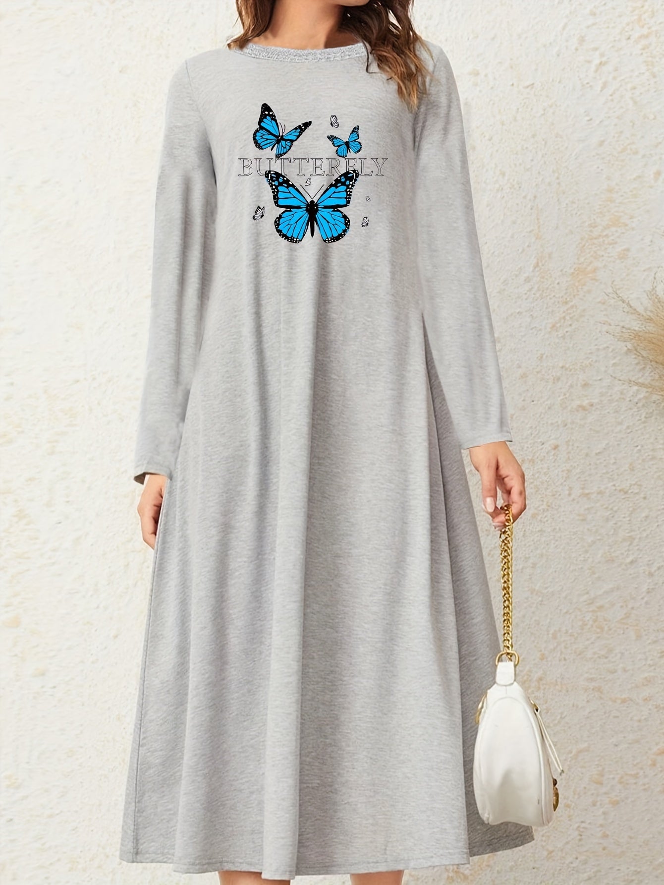Butterfly & Letter Print Long Sleeve Nightdress