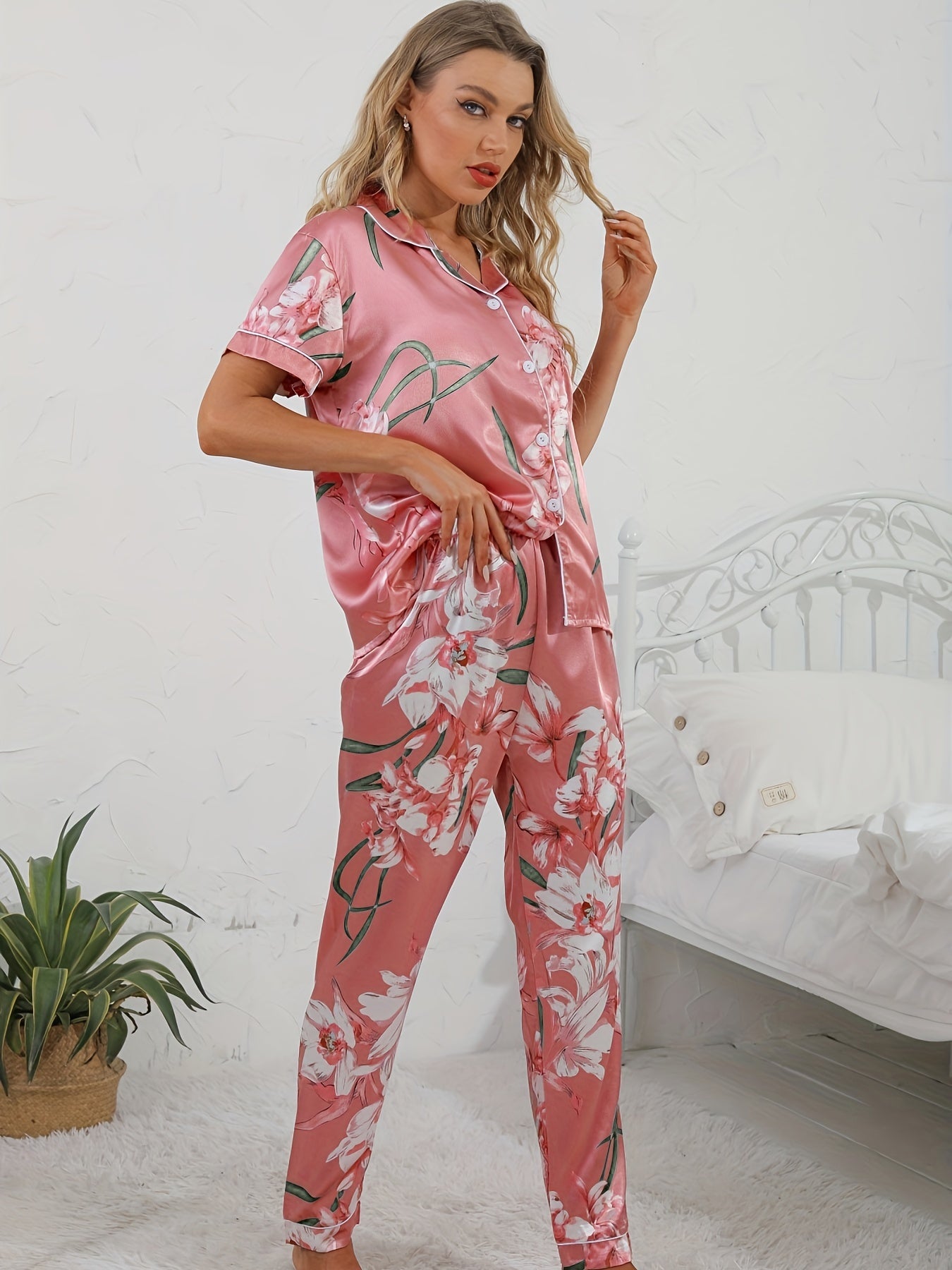 Floral Satin Pajama Set Short Sleeve Top & Long Pants