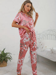 Floral Satin Pajama Set Short Sleeve Top & Long Pants