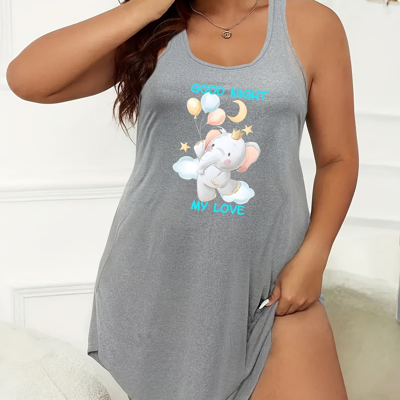 Elephant Print Scoop Neck Tank Sleep Dress