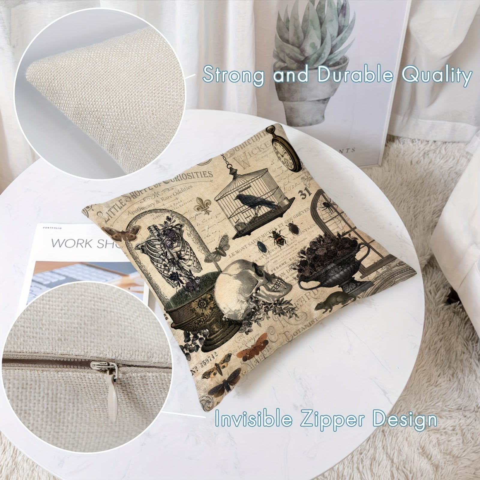 Halloween Linen Blend Pillow Case Skeleton Pumpkin Crow Square Cushion Cover