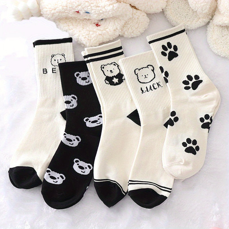 10 Pairs Bear & Plaid Print Socks Mid Tube Women's Stockings