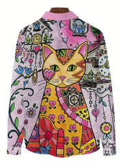 Men's Cat Print Casual Button-Up Shirt