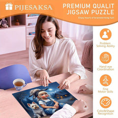 Wooden Jigsaw Puzzle Enchanting Girl & Dog Moonlit Night Scene Animal Si