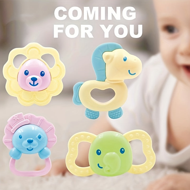 4pcs Baby Rattles Teether Toy Animal Shape Molar Biteable Safe Material