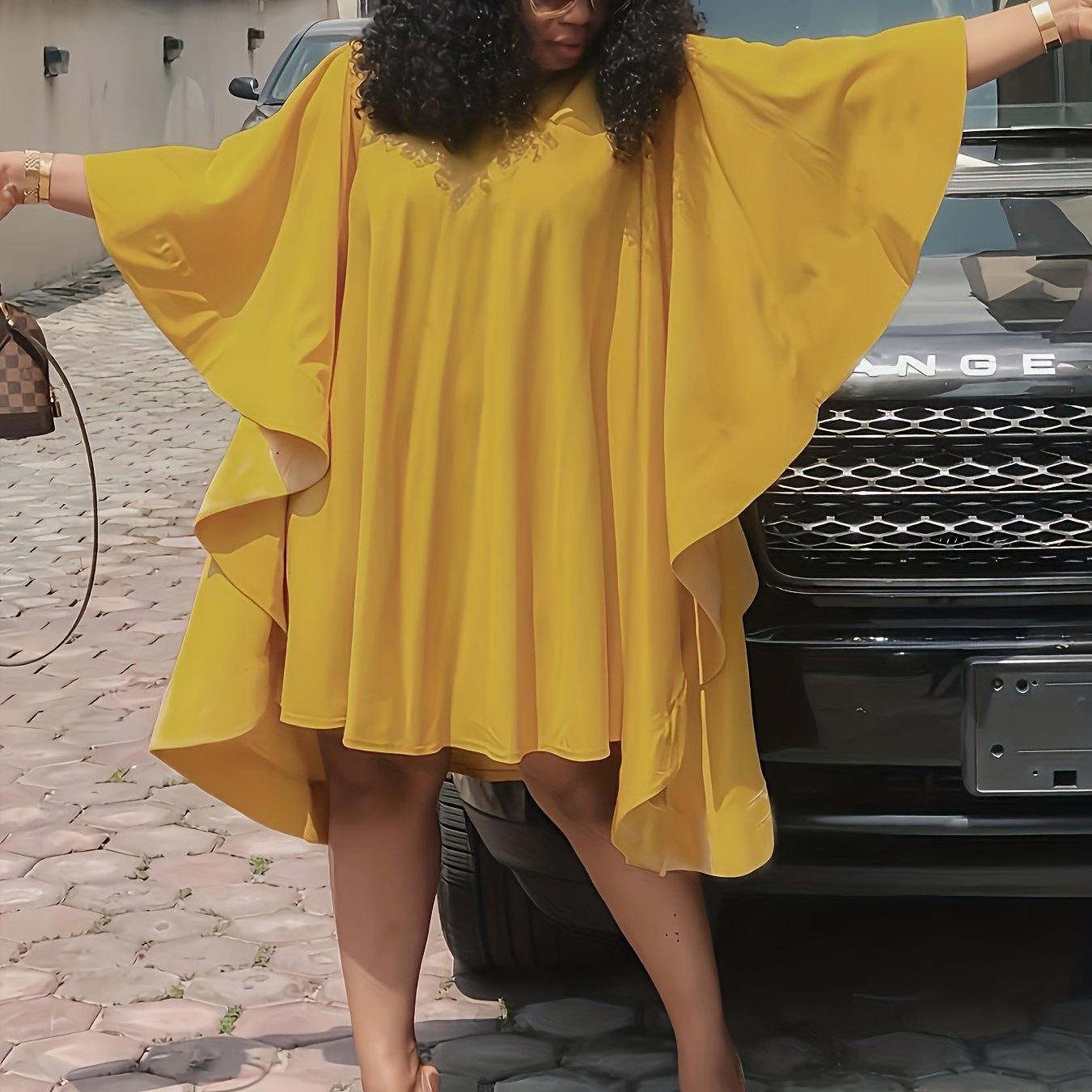 Solid Batwing Sleeve Oversized Asymmetrical Midi Dress