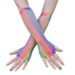 Rainbow Fishnet Party Gloves Punk Half Finger Nightclub Stretch Mesh Hip Hop