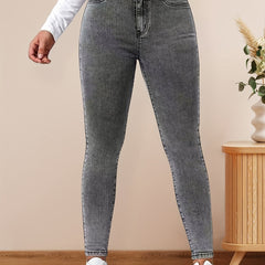 Grey Stretch Skinny Jeans Slash Pocket Zipper Button Closure Denim Pants