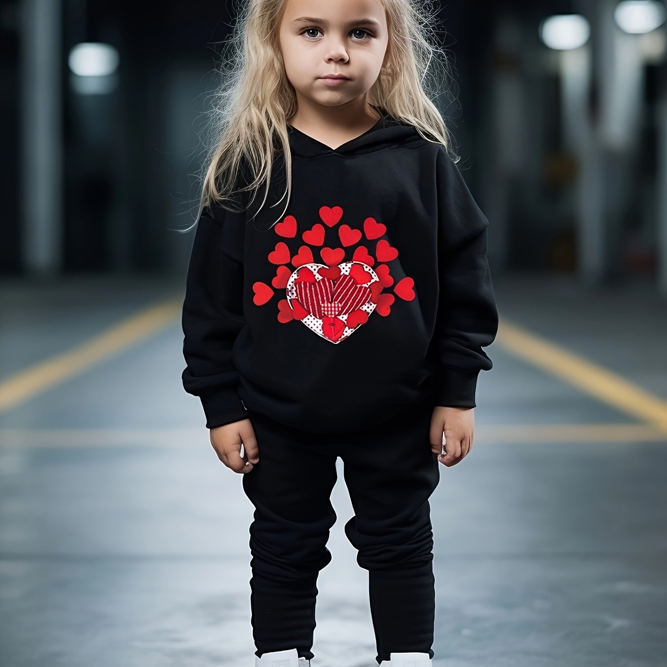 Girls 2pc Hearts Pattern Hooded Sweatshirt & Solid Sweatpants Set