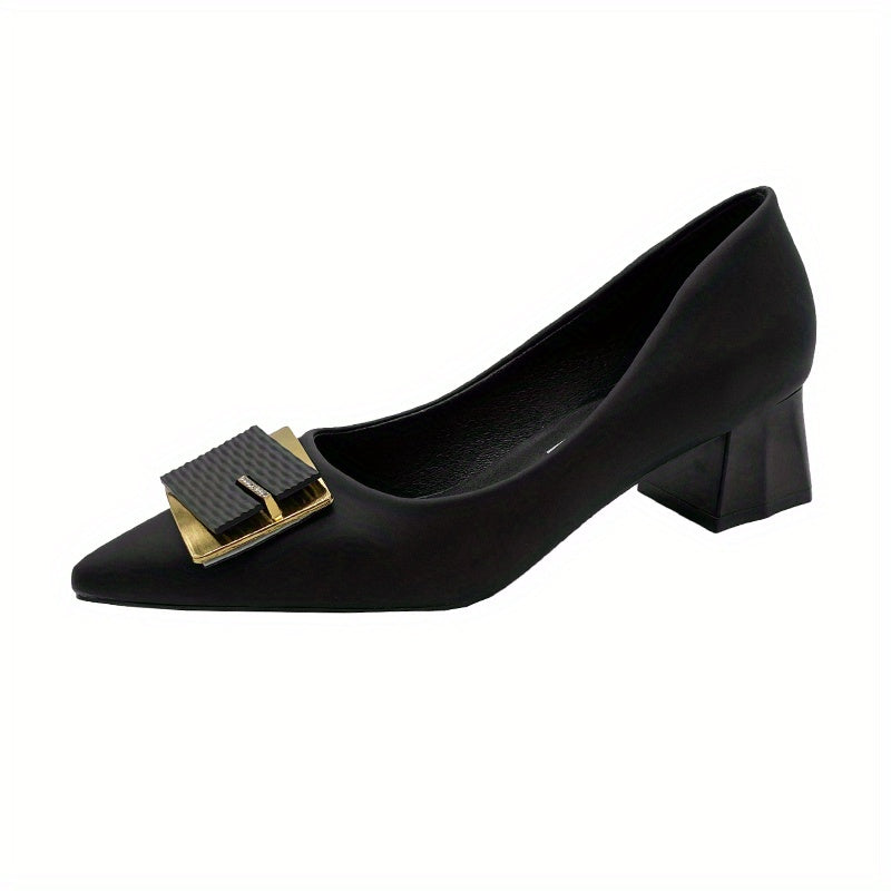 Metal Decor Chunky Heel Pumps Faux Leather Office Shoes