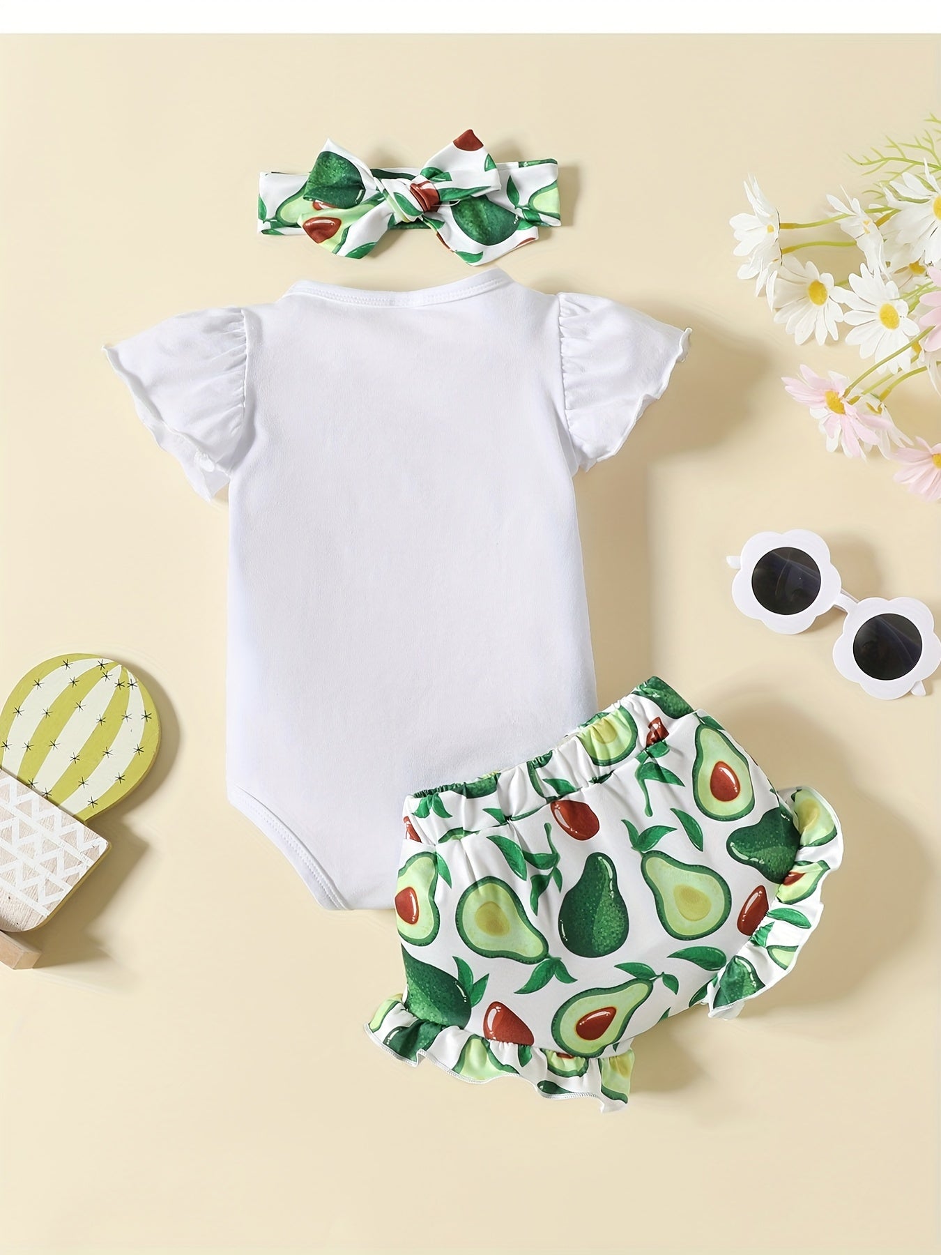 3pc Baby Girls Lemon Print Onesie & Shorts & Headband Set