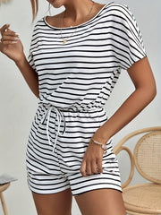 Striped Print Drawstring Waist Romper Jumpsuit Boat Neck Short Sleeve
