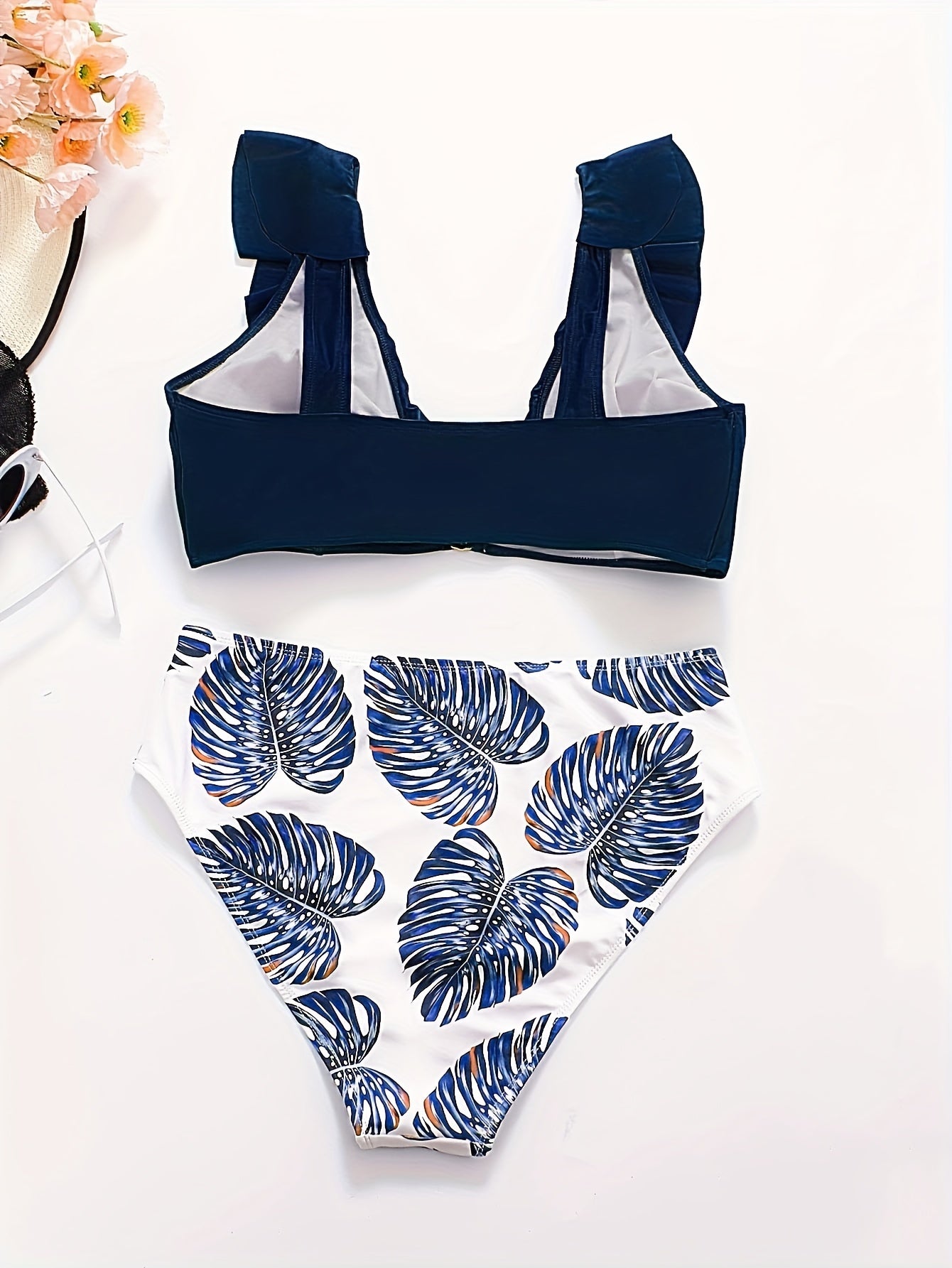 Vacay Bikini Set Solid V Wired Ruffle Trim Bra & Tropical Print Panty
