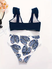 Vacay Bikini Set Solid V Wired Ruffle Trim Bra & Tropical Print Panty