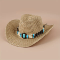 Turquoise Chain Decor Cowboy Hat Khaki Western Straw Cowgirl Hats