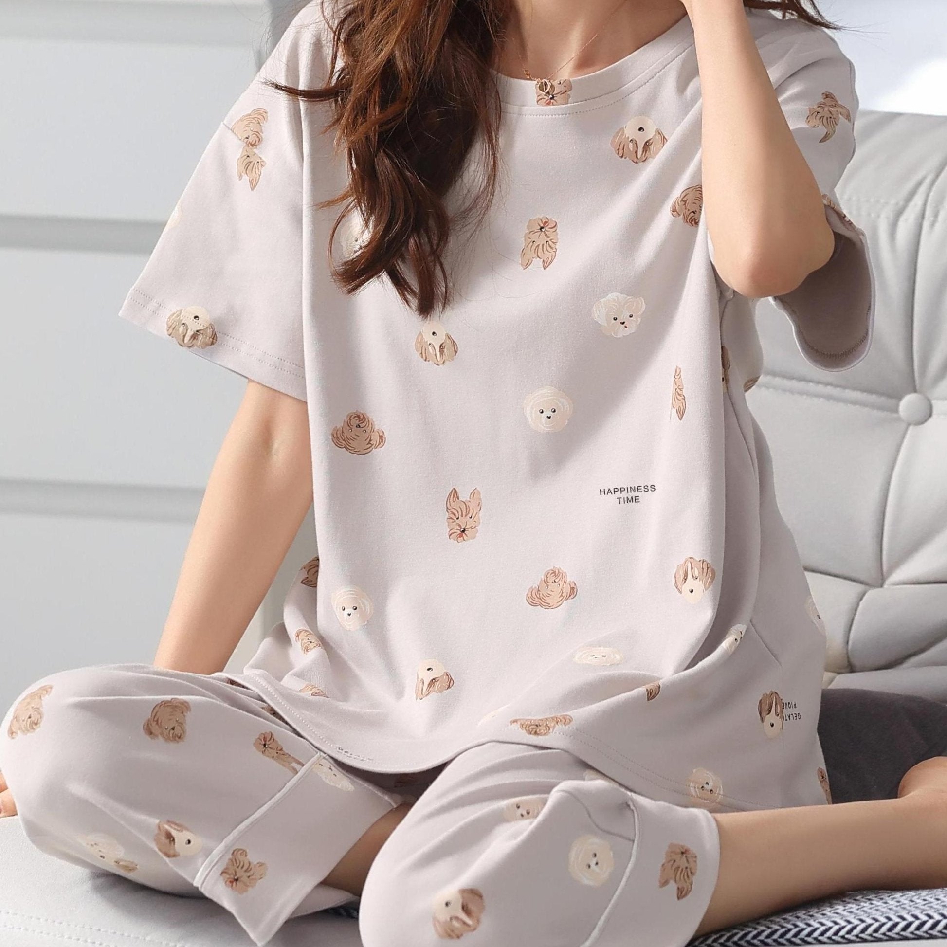 Teddy Puppy Pajamas Set Soft Top & Cropped Pants Women's Loungewear