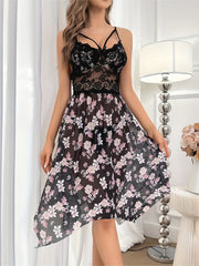 Floral Print Slip Nightdress Lace Cut Out Backless Sleep Dress