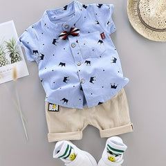 Boys Gentleman Crown Print Shirt&Shorts Set, Summer Kids Clothing