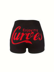 Casual Shorts Women's Plus Slogan Print Elastic High Rise Shorts