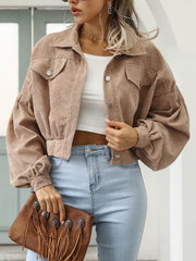 Casual Corduroy Crop Jacket Lantern Sleeve Loose Outerwear